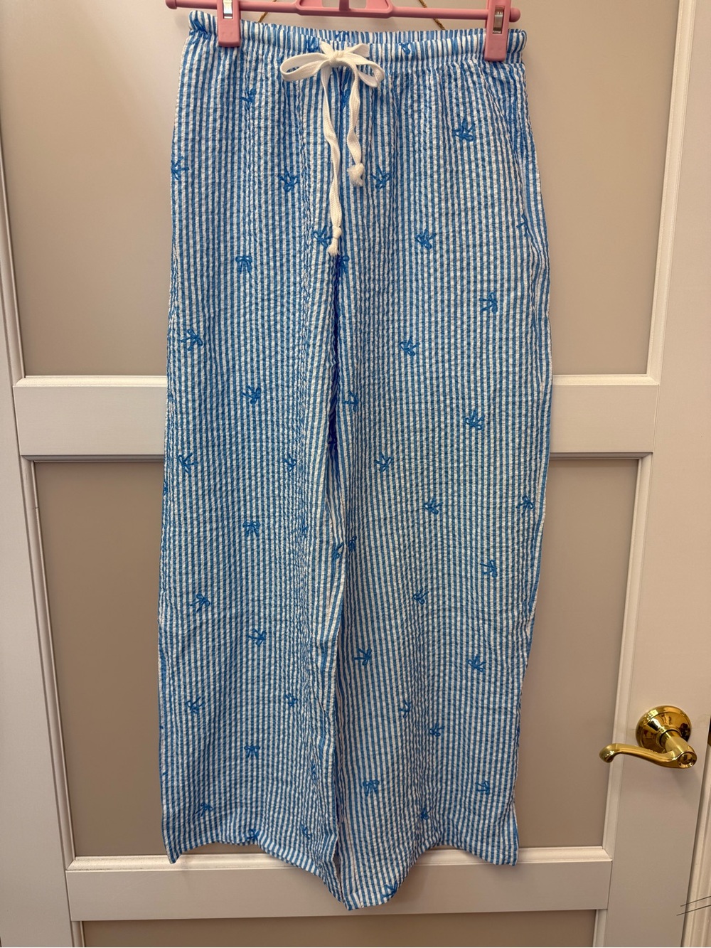 Shein Petite XXS Blue & White Stripe Lounge Pants Bow Embroidered Soft Pants